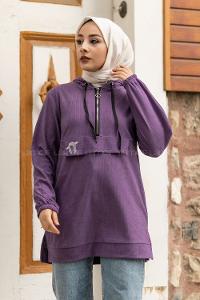 Modalamelif Önü Yarım Fermuar Detaylı Kapüşonlu Yırtmaçlı Tunik Mor