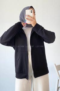 Modalamelif Kapüşonlu Fermuarlı Çift Cepli Hırka Siyah