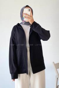 Modalamelif Kapüşonlu Fermuarlı Çift Cepli Hırka Siyah