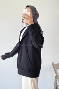 Modalamelif Kapüşonlu Fermuarlı Çift Cepli Hırka Siyah