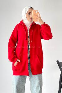 Modalamelif Kapüşon Detaylı Kanguru Cepli Fermuarlı Hırka Kırmızı