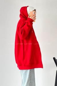 Modalamelif Kapüşon Detaylı Kanguru Cepli Fermuarlı Hırka Kırmızı