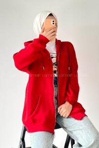 Modalamelif Kapüşon Detaylı Kanguru Cepli Fermuarlı Hırka Kırmızı