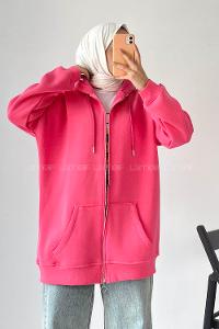 Modalamelif Kapüşon Detaylı Kanguru Cepli Fermuarlı Hırka Pembe
