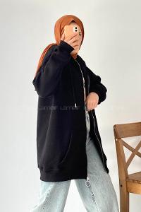 Modalamelif Kapüşon Detaylı Kanguru Cepli Fermuarlı Hırka Siyah
