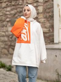 Modalamelif Kapüşonlu Renk Garnili Kanguru Cepli Sweat Turuncu Ekru