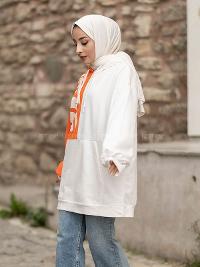 Modalamelif Kapüşonlu Renk Garnili Kanguru Cepli Sweat Turuncu Ekru