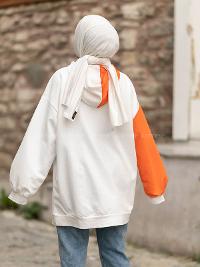 Modalamelif Kapüşonlu Renk Garnili Kanguru Cepli Sweat Turuncu Ekru