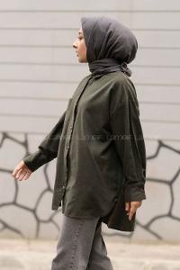 Modalamelif Önü Boydan Düğmeli Tek Cepli Arkası Uzun Tunik Haki