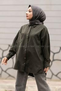 Modalamelif Önü Boydan Düğmeli Tek Cepli Arkası Uzun Tunik Haki