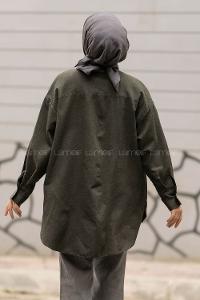 Modalamelif Önü Boydan Düğmeli Tek Cepli Arkası Uzun Tunik Haki