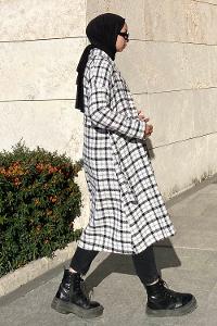 Modalamelif Ekose Desenli Kuşak Bağlamalı Trenç Beyaz-Siyah