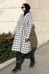 Modalamelif Ekose Desenli Kuşak Bağlamalı Trenç Beyaz-Siyah