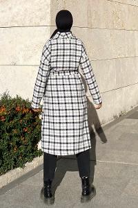 Modalamelif Ekose Desenli Kuşak Bağlamalı Trenç Beyaz-Siyah