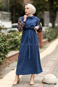 Modalamelif Hakim Yaka Kolları Dal Desenli Süet Elbise İndigo