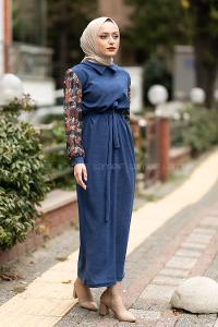 Modalamelif Hakim Yaka Kolları Dal Desenli Süet Elbise İndigo