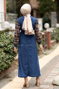 Modalamelif Hakim Yaka Kolları Dal Desenli Süet Elbise İndigo