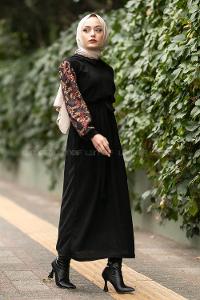 Modalamelif Hakim Yaka Kolları Dal Desenli Süet Elbise Siyah