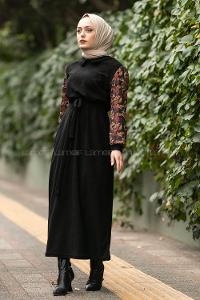 Modalamelif Hakim Yaka Kolları Dal Desenli Süet Elbise Siyah