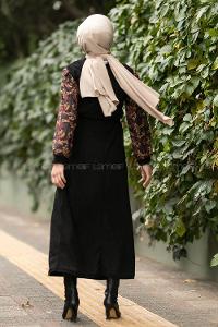 Modalamelif Hakim Yaka Kolları Dal Desenli Süet Elbise Siyah