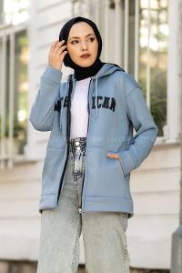 Modalamelif Kapüşon Detaylı Fermuarlı Baskılı Hırka Mavi