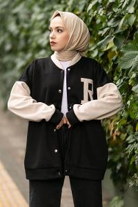 Modalamelif Kol ve Yaka Garnili R Nakışlı Kolej Hırka Siyah