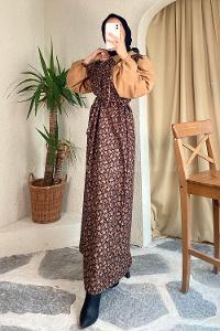 Modalamelif Kol Ve Yaka Garnili Minimal Çiçek Desenli Süet Elbise Siyah