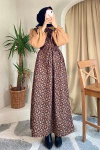 Modalamelif Kol Ve Yaka Garnili Minimal Çiçek Desenli Süet Elbise Siyah