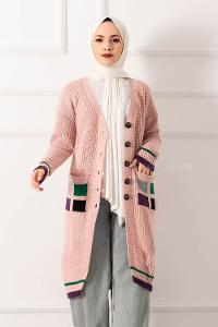 Modalamelif Cep Renk Garnili Düğme Detaylı Triko Hırka Pudra