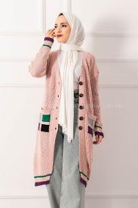 Modalamelif Cep Renk Garnili Düğme Detaylı Triko Hırka Pudra