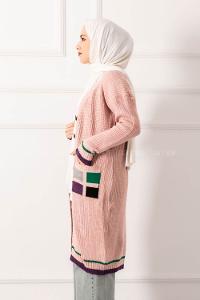 Modalamelif Cep Renk Garnili Düğme Detaylı Triko Hırka Pudra