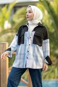 Modalamelif Çift Kapak Cepli Renk Garnili Oduncu Gömlek Mavi-Siyah