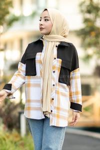 Modalamelif Çift Kapak Cepli Renk Garnili Oduncu Gömlek Siyah-Hardal