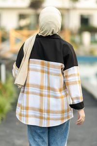 Modalamelif Çift Kapak Cepli Renk Garnili Oduncu Gömlek Siyah-Hardal