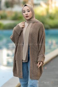 Modalamelif Duble Kol Çift Cepli Salaş Triko Hırka Kahve