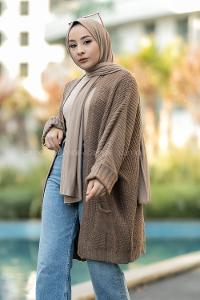 Modalamelif Duble Kol Çift Cepli Salaş Triko Hırka Kahve