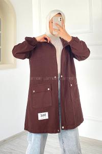 Modalamelif Çift Kapak Cepli Kapüşonlu Gabardin Ceket Acıkahve