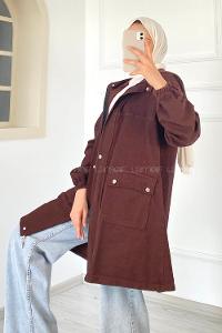 Modalamelif Çift Kapak Cepli Kapüşonlu Gabardin Ceket Acıkahve