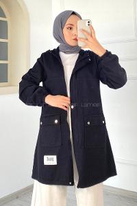 Modalamelif Çift Kapak Cepli Kapüşonlu Gabardin Ceket Siyah