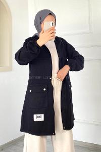 Modalamelif Çift Kapak Cepli Kapüşonlu Gabardin Ceket Siyah