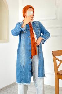 Modalamelif Eskitme Püskül Detaylı Boyfriend Uzun Ceket Kot Mavisi