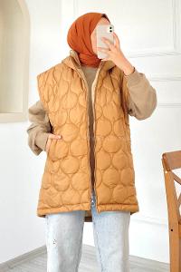 Modalamelif Kapitone Desenli Çift Cepli Kapüşonlu Şişme Yelek Camel