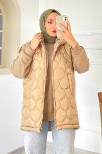 Modalamelif Kapitone Desenli Çift Cepli Kapüşonlu Şişme Yelek Taş