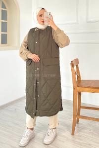 Modalamelif Kapitone Desenli Çift Kapak Cepli Şişme Yelek Haki