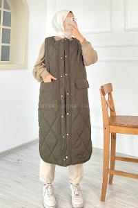 Modalamelif Kapitone Desenli Çift Kapak Cepli Şişme Yelek Haki