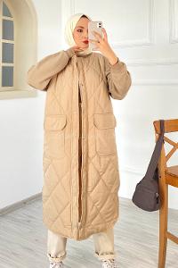 Modalamelif Kapitone Desenli Çift Kapak Cepli Şişme Yelek Taşrengi