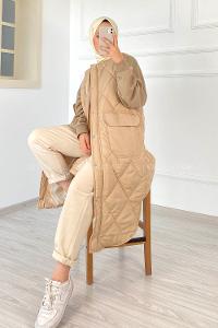 Modalamelif Kapitone Desenli Çift Kapak Cepli Şişme Yelek Taşrengi