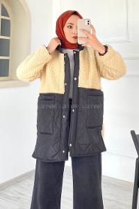 Lamelif Kapitone Garnili Model Kapüşonlu Peluş Mont Krem