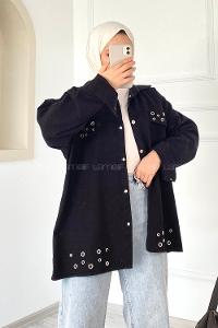 Modalamelif Kuş Göz Detaylı Önü Çıtçıt Düğmeli Ceket Siyah