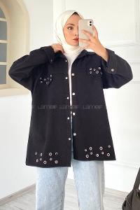 Modalamelif Kuş Göz Detaylı Önü Çıtçıt Düğmeli Ceket Siyah